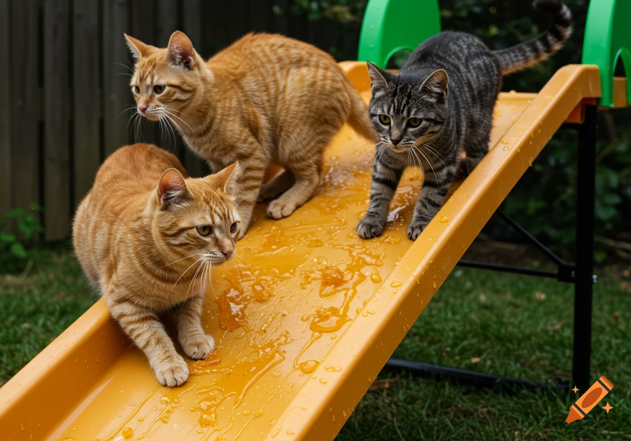 Two orange tabby cats and one gray tabby cat on a yellow plastic slide with spilled liquid, photorealistic.