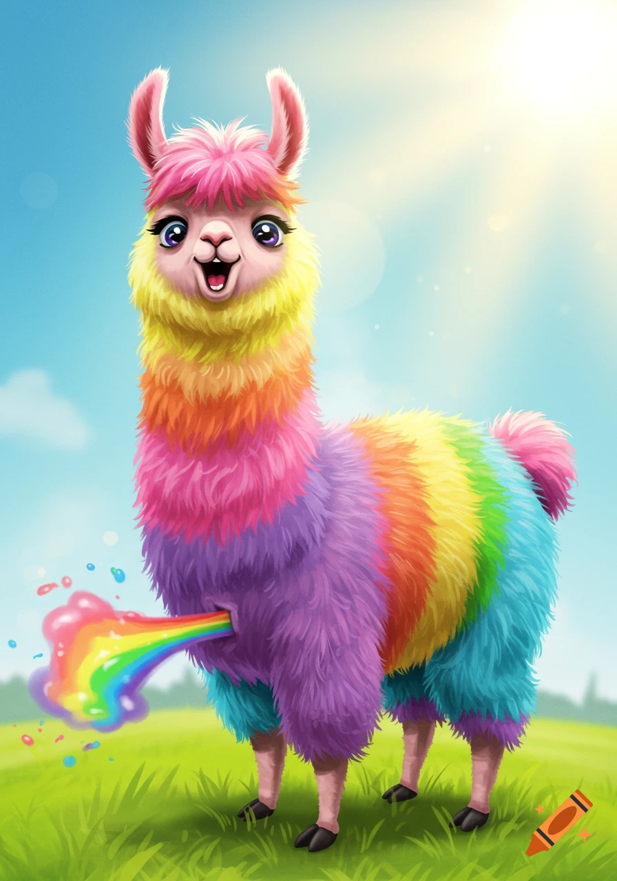 A vibrant, cartoon rainbow llama stands in a sunny, grassy field, comically farting a rainbow.