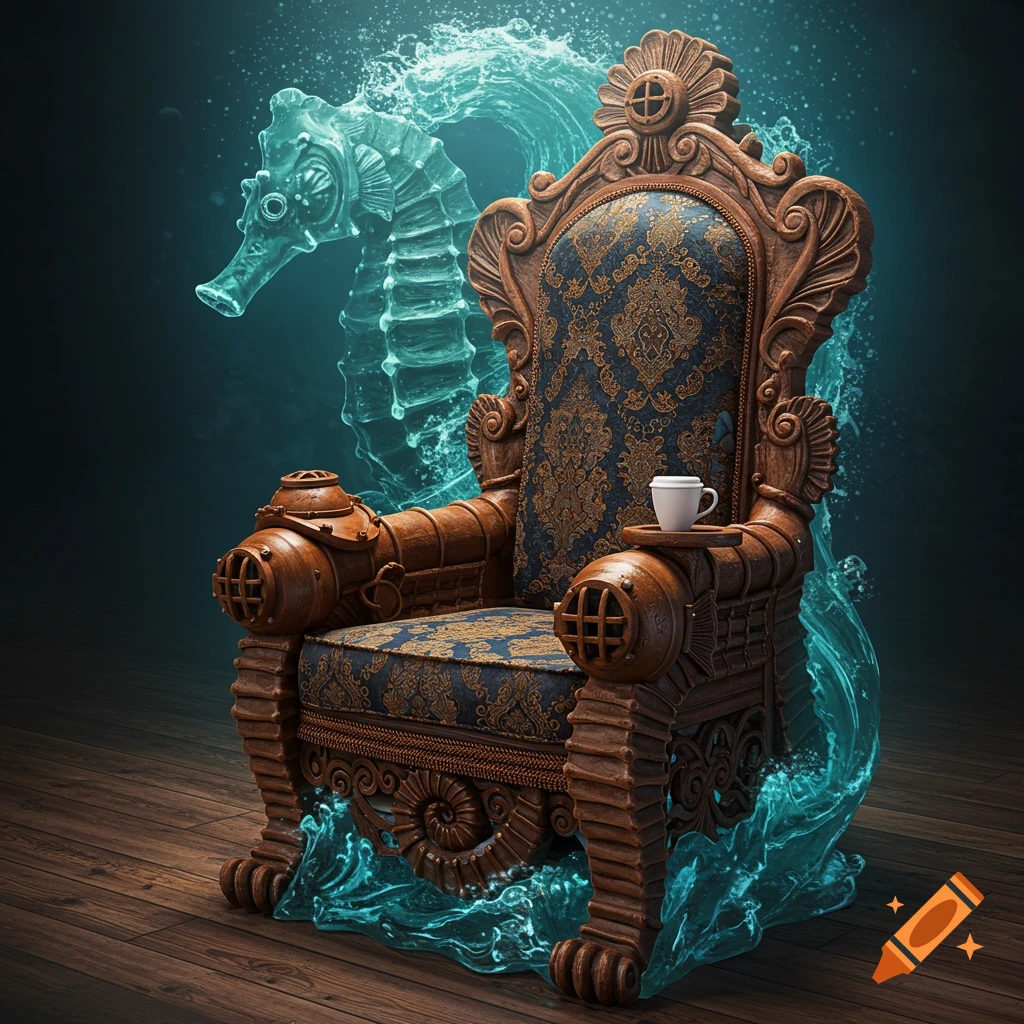 An intricately carved steampunk throne with a ghostly seahorse and ethereal water, featuring diver helmet details.
