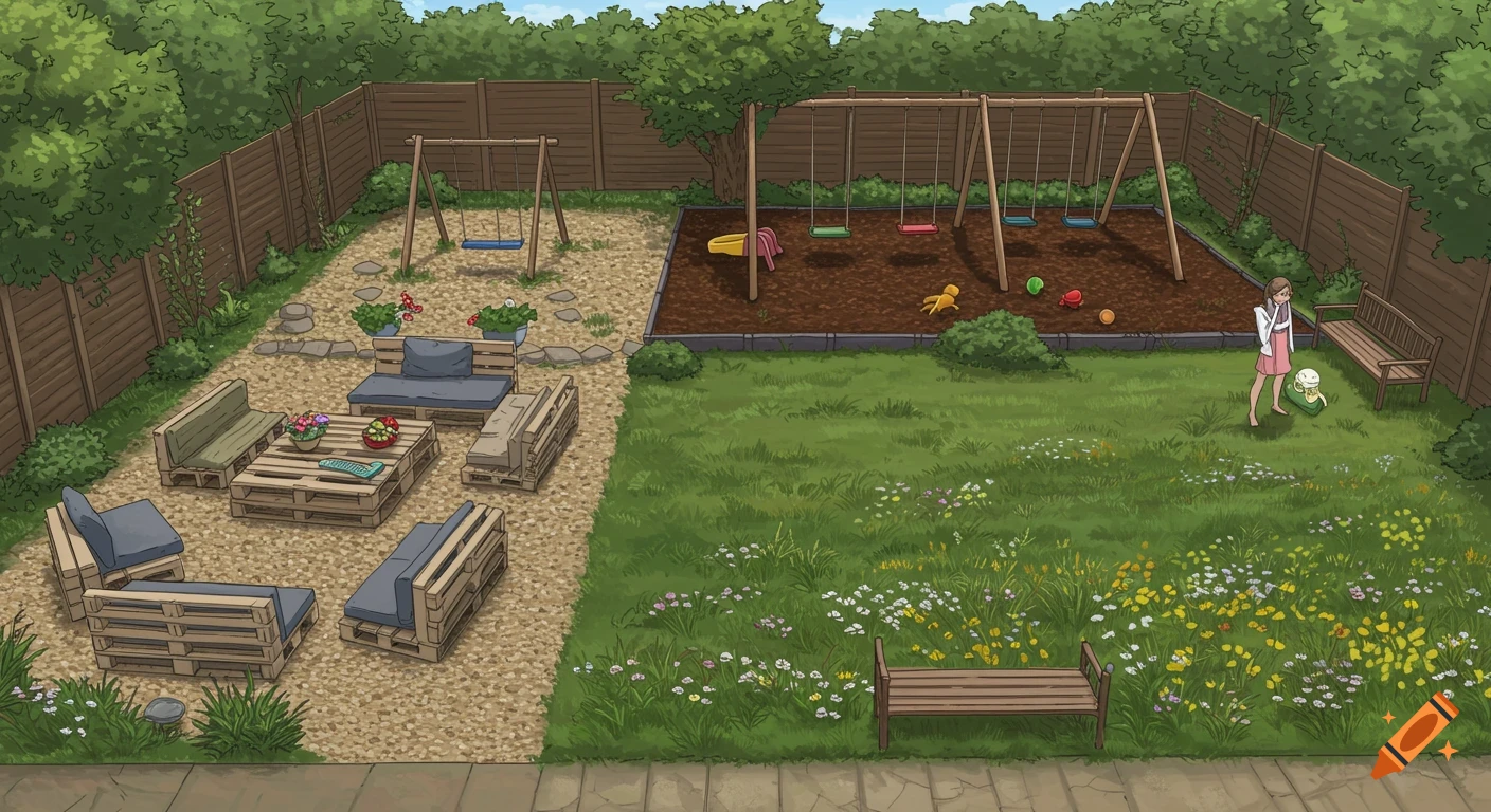 An overhead view of a spacious garden featuring a gravel seating area with pallet furniture, a swing set, a wildflower lawn, and a woman with a baby.