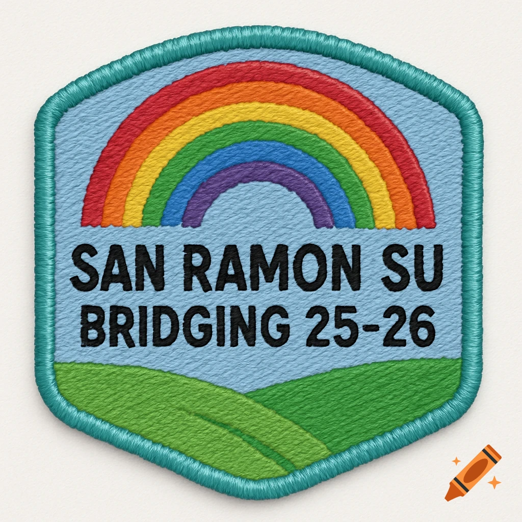 Hexagonal embroidered patch with a rainbow over green hills and the text 'SAN RAMON SU BRIDGING 25-26'.