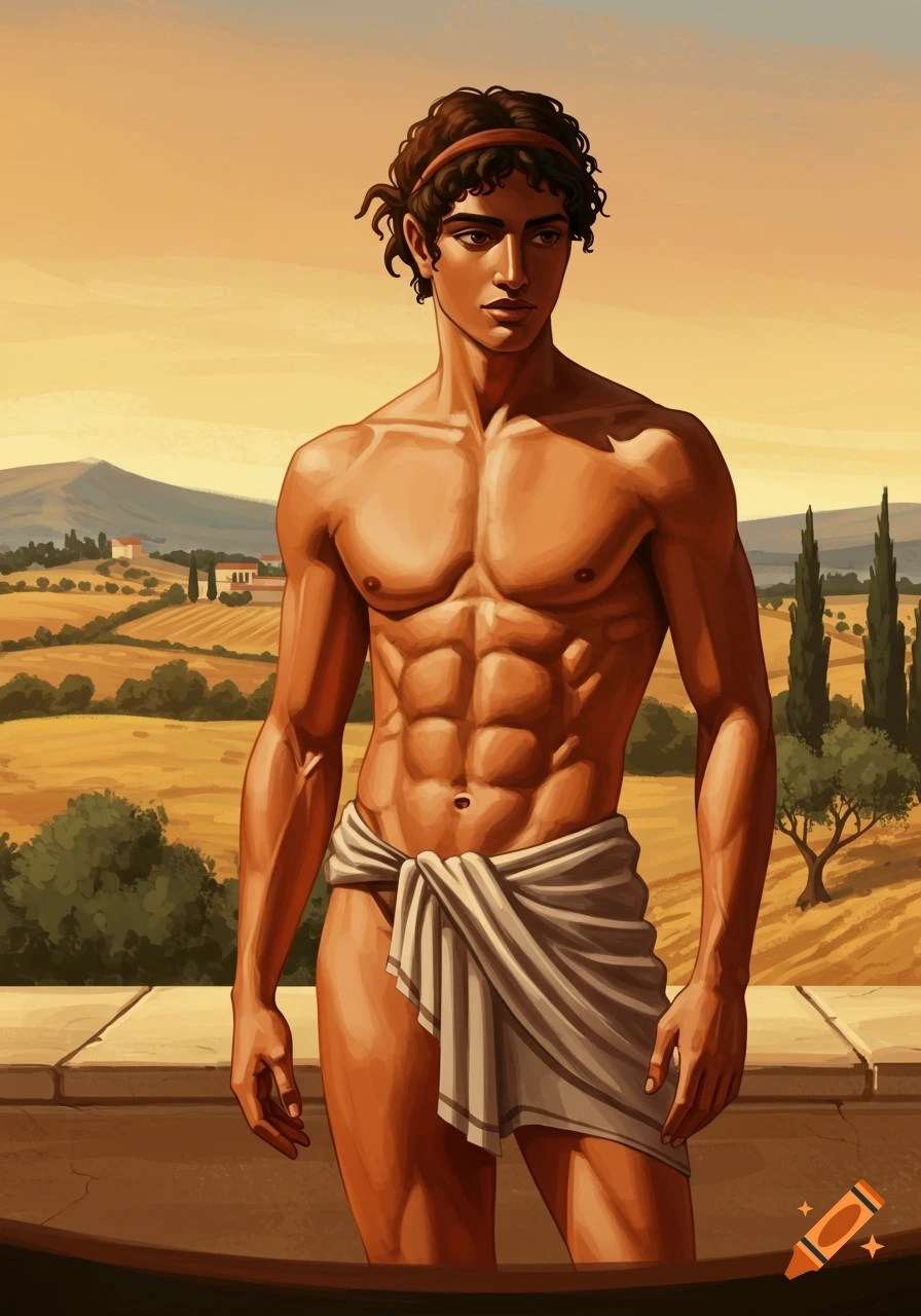 Muscular man in ancient Greek attire standing in a Mediterranean landscape at sunset, illustration.