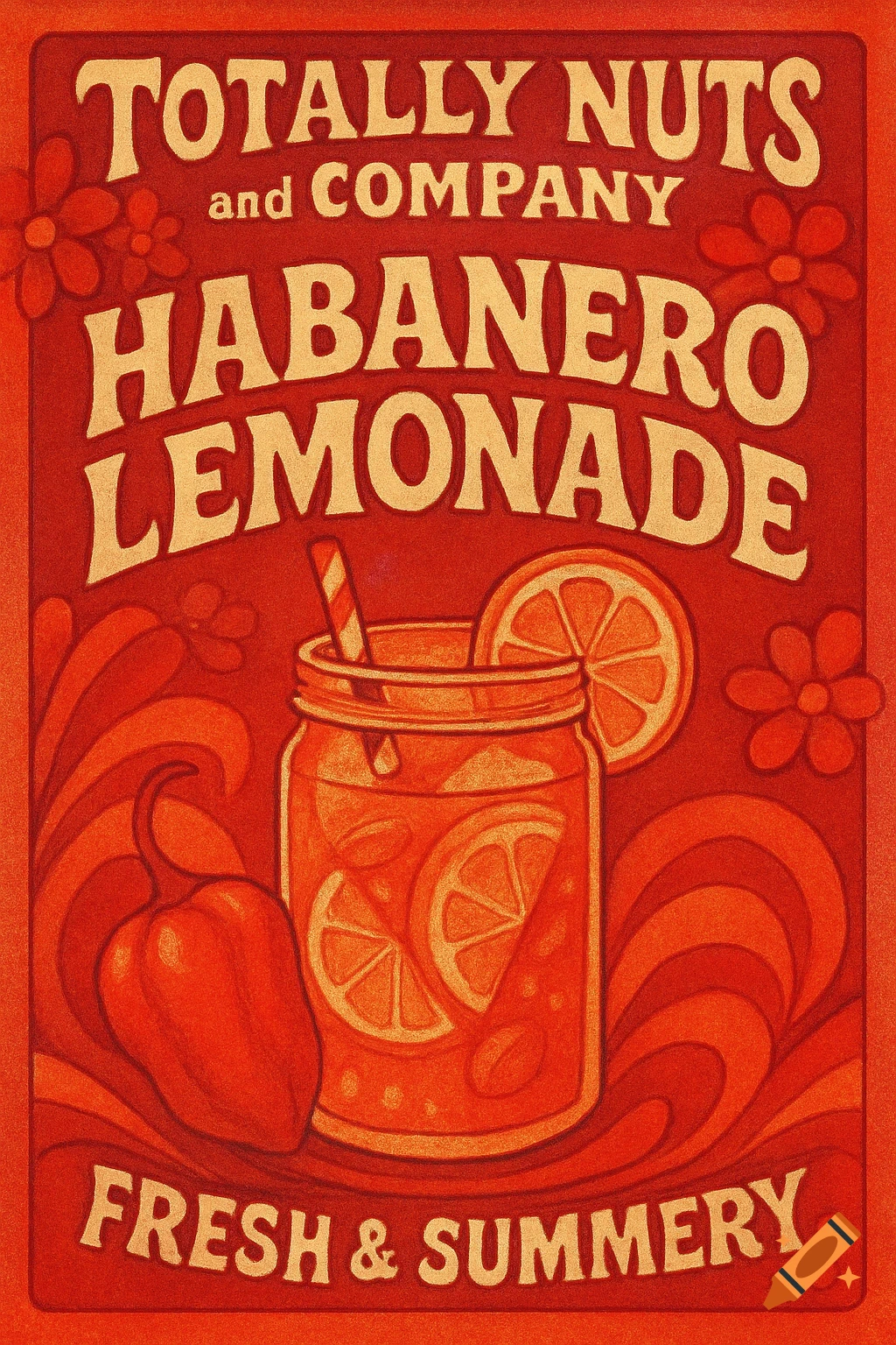 Retro red and orange poster for Habanero Lemonade featuring a mason jar drink, lemon slices, a straw, and a habanero pepper.
