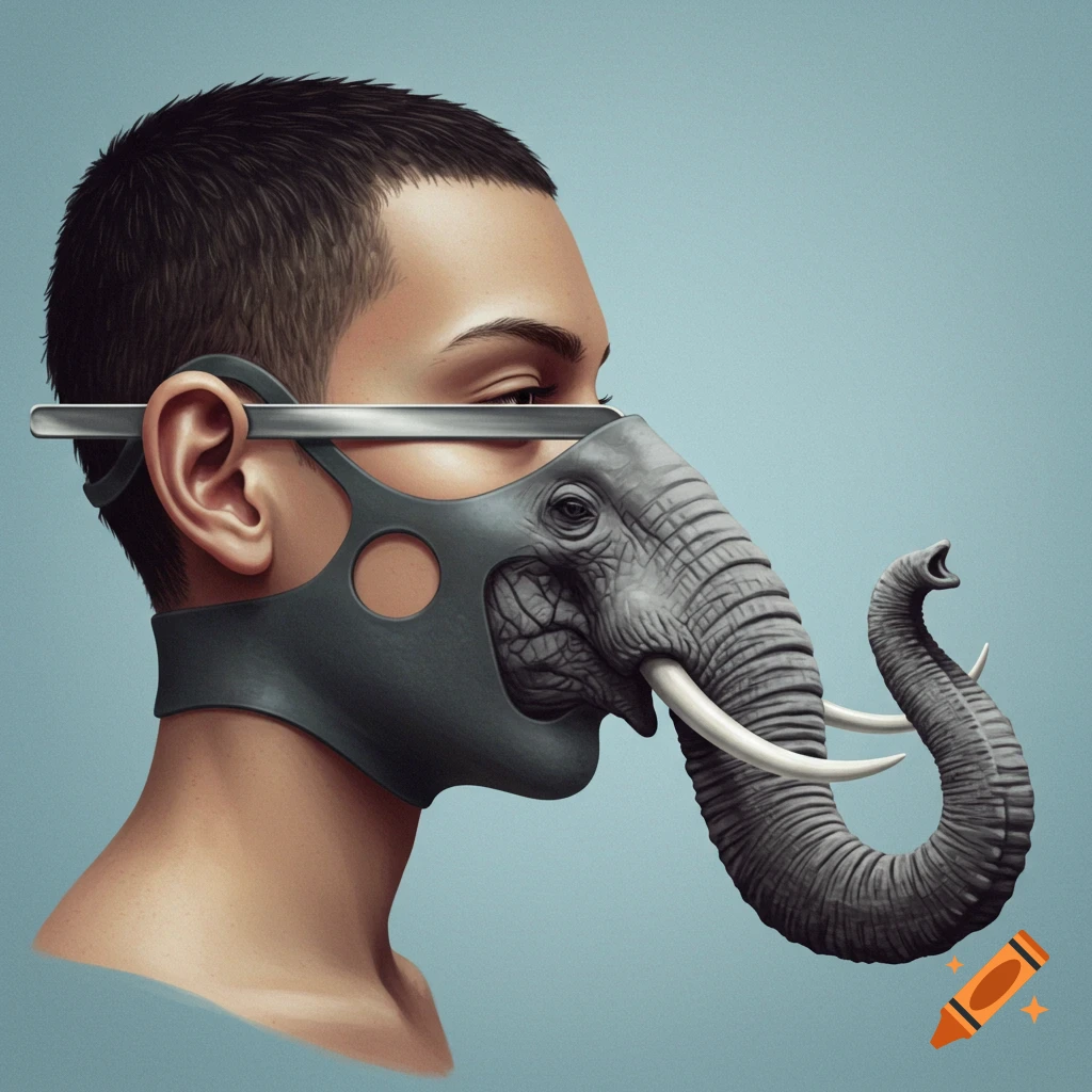 Profile view of a person wearing a grey mask that morphs into an elephant's trunk with tusks, held by a metal bar.