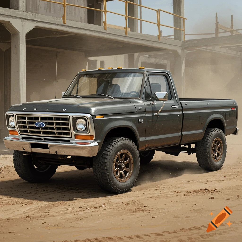 A dark gray vintage Ford pickup truck with large off-road tires sits on a dusty dirt road in front of a construction site.