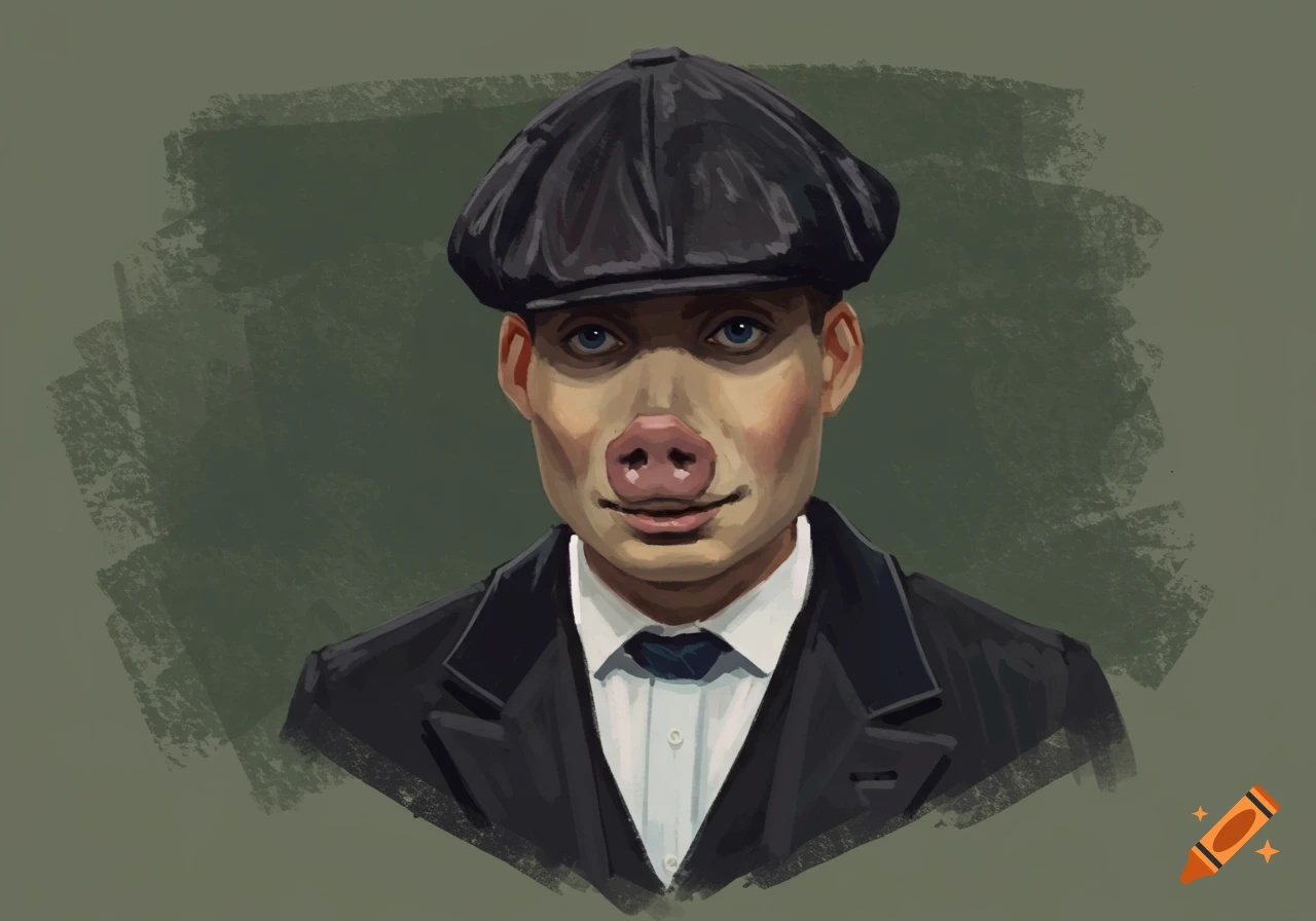 A painted portrait of a person with a pig's snout, wearing a black suit and a flat cap, against a green background.
