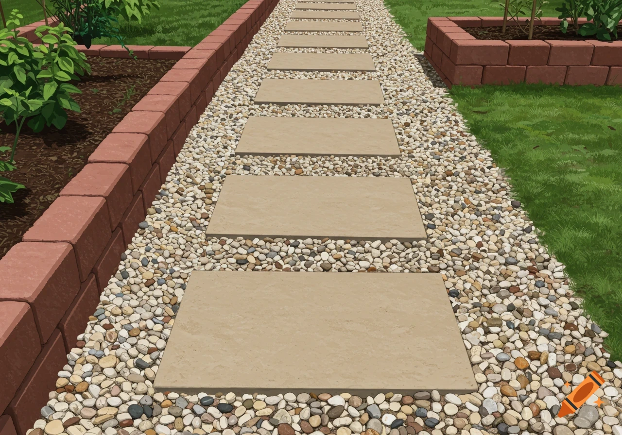 A neat garden path made of rectangular stepping stones on multicolored river rock pebbles, bordered by red brick raised beds with green plants.