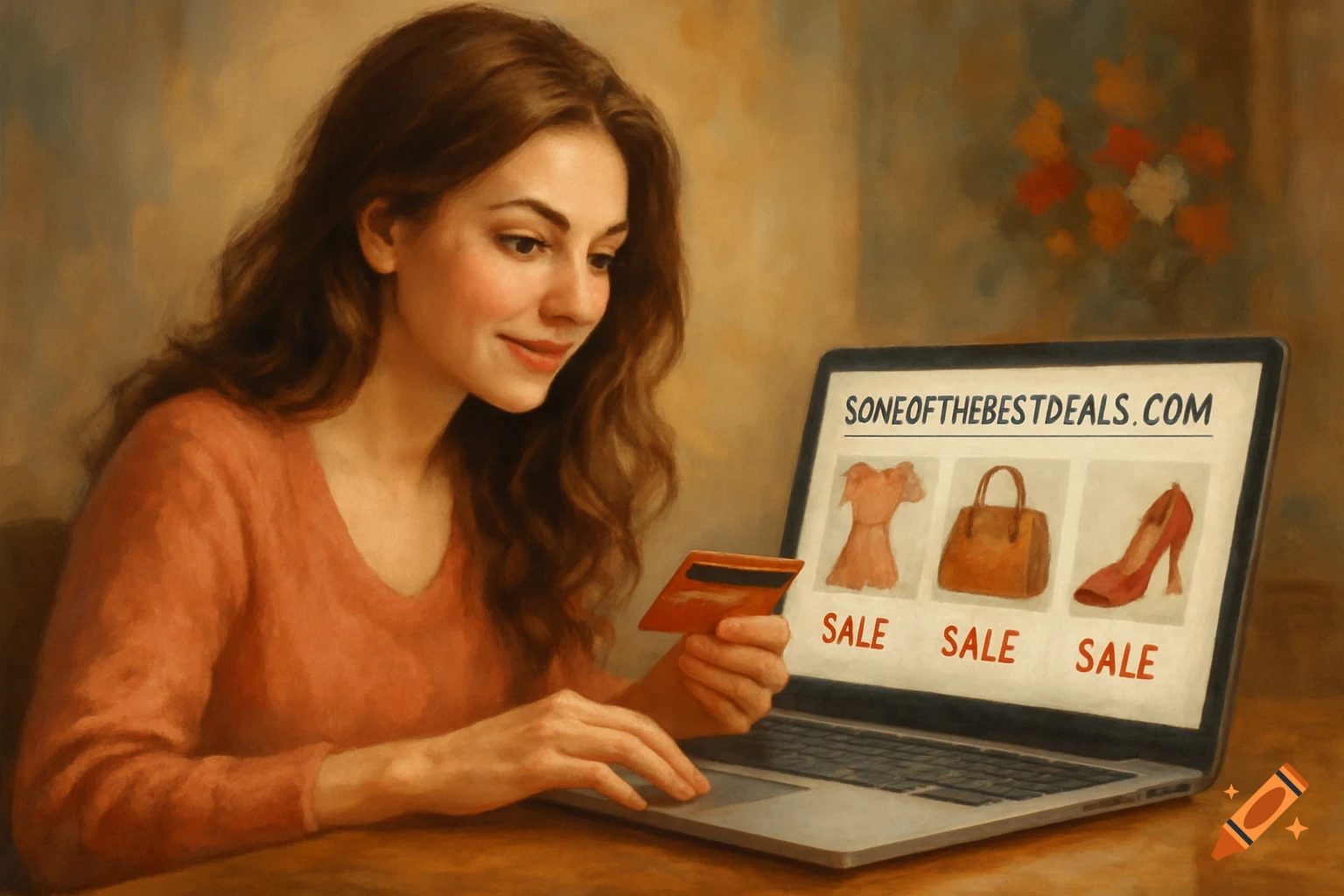 A woman with a credit card shops online on a laptop displaying 'someofthebestdeals.com' with sale items, in a painterly style.