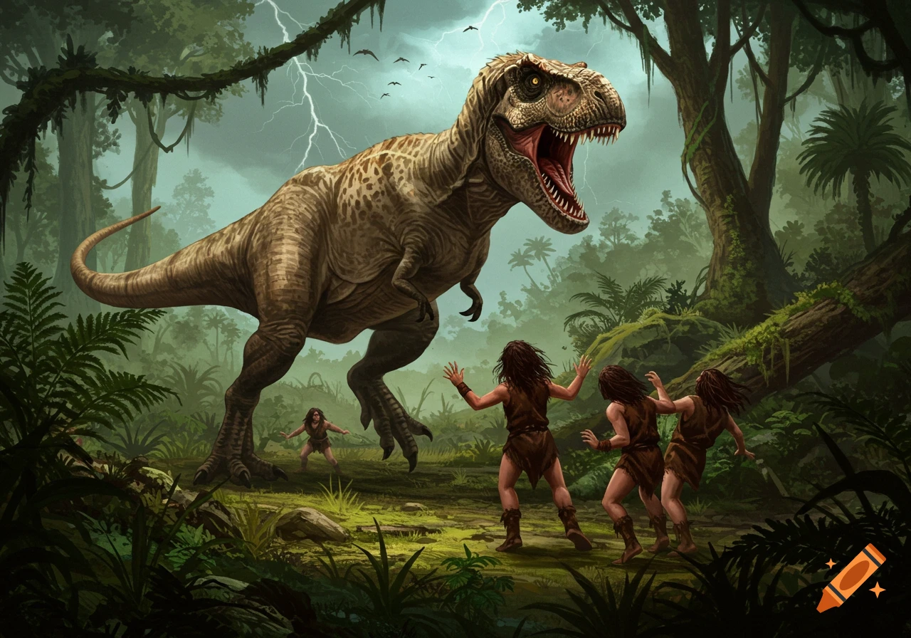 A giant T-Rex roars at several fleeing prehistoric humans in a dense, dark jungle with lightning in the sky, in a detailed illustrative style.