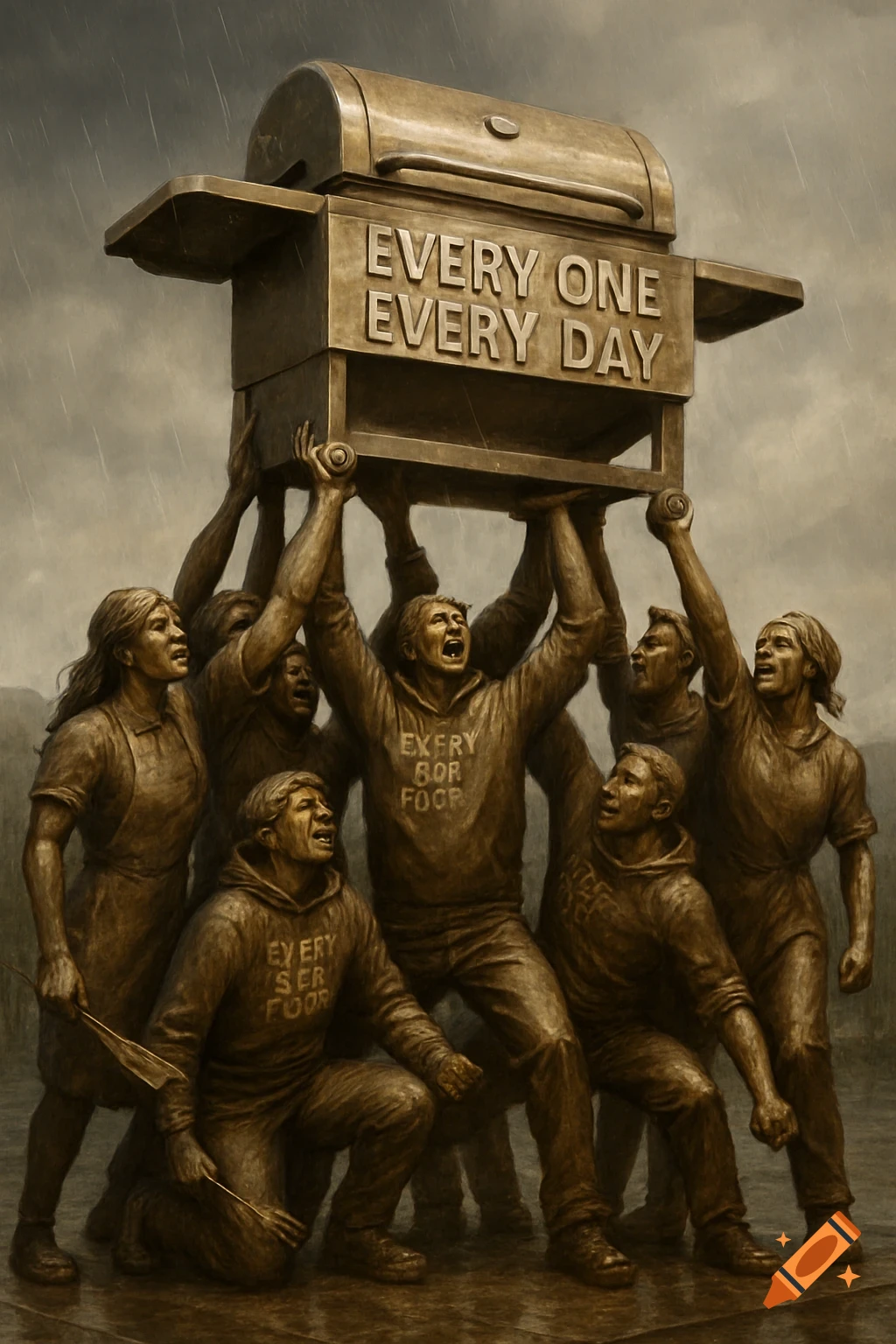 A bronze statue group resembling the Iwo Jima memorial, with several people lifting a large BBQ grill in the rain. The grill has 'EVERY ONE EVERY DAY' engraved.