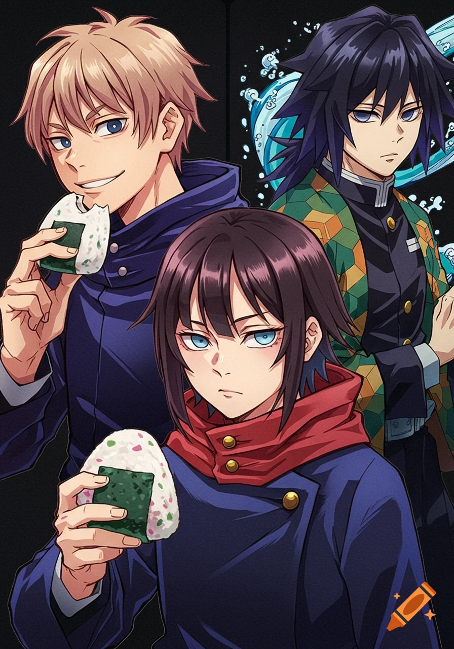 Anime characters Inumaki Toge, Maki Zenin, and Tomioka Giyu holding onigiri against a dark background.