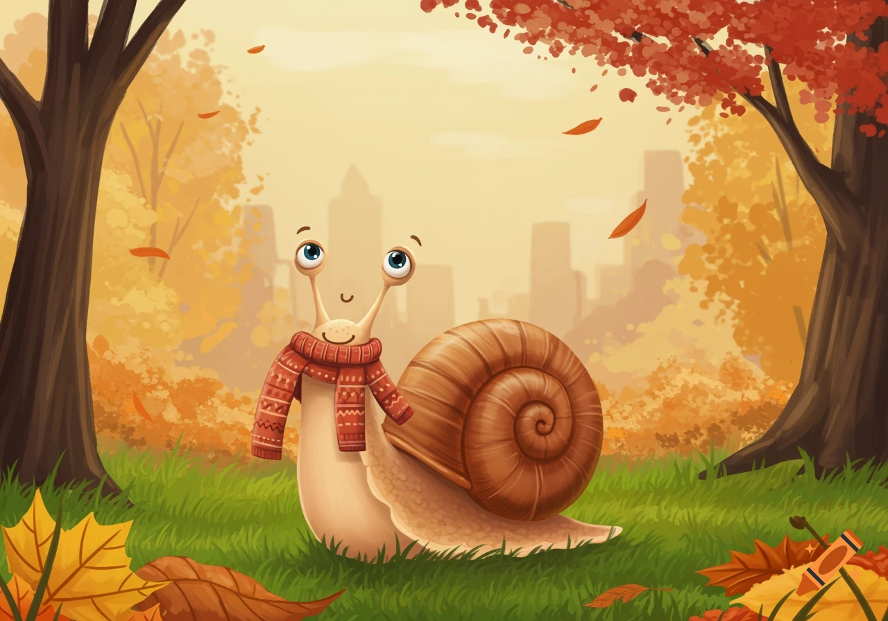 Cute cartoon snail wearing a red scarf in an autumn park with falling leaves and a city skyline.