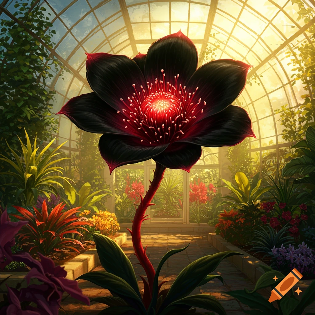 A vibrant black flower with a glowing red center and thorny red stem stands in a sunlit greenhouse with lush green plants.