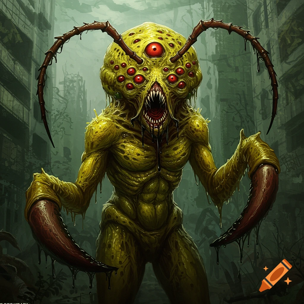 A grotesque, multi-eyed, lime-green creature with sharp teeth and dripping claws stands in a ruined, dark cityscape.