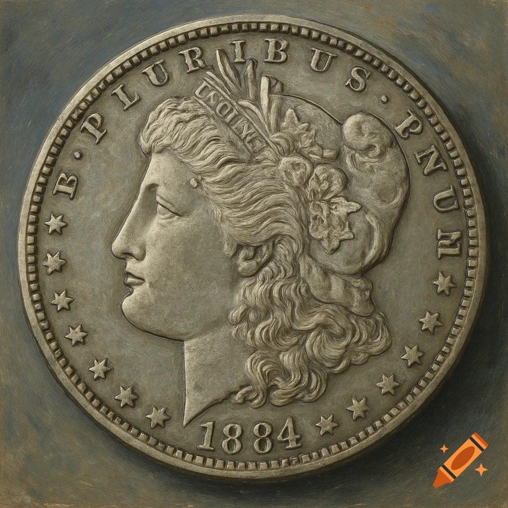 Close-up of an 1884 Morgan silver dollar, showing Lady Liberty's profile and the text 'E PLURIBUS UNUM' and '1884'.