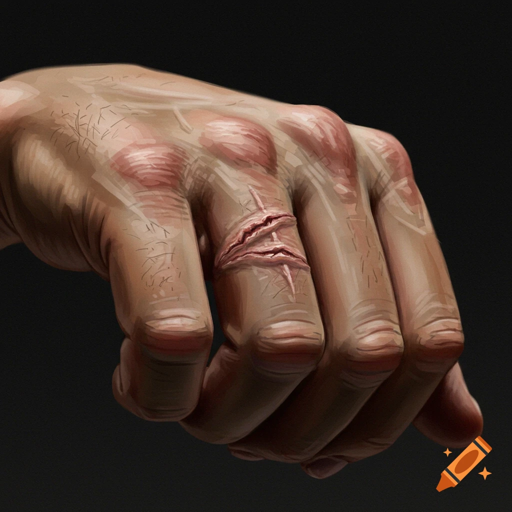 A detailed close-up of a human hand with a large, fresh scar on the middle knuckle, against a dark background.