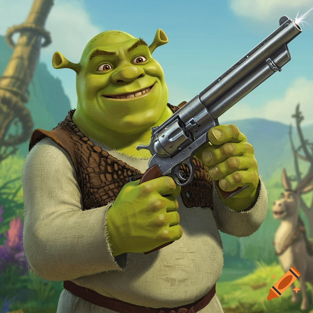 Shrek, the green ogre, smiling and holding a large revolver, with Donkey in the background.