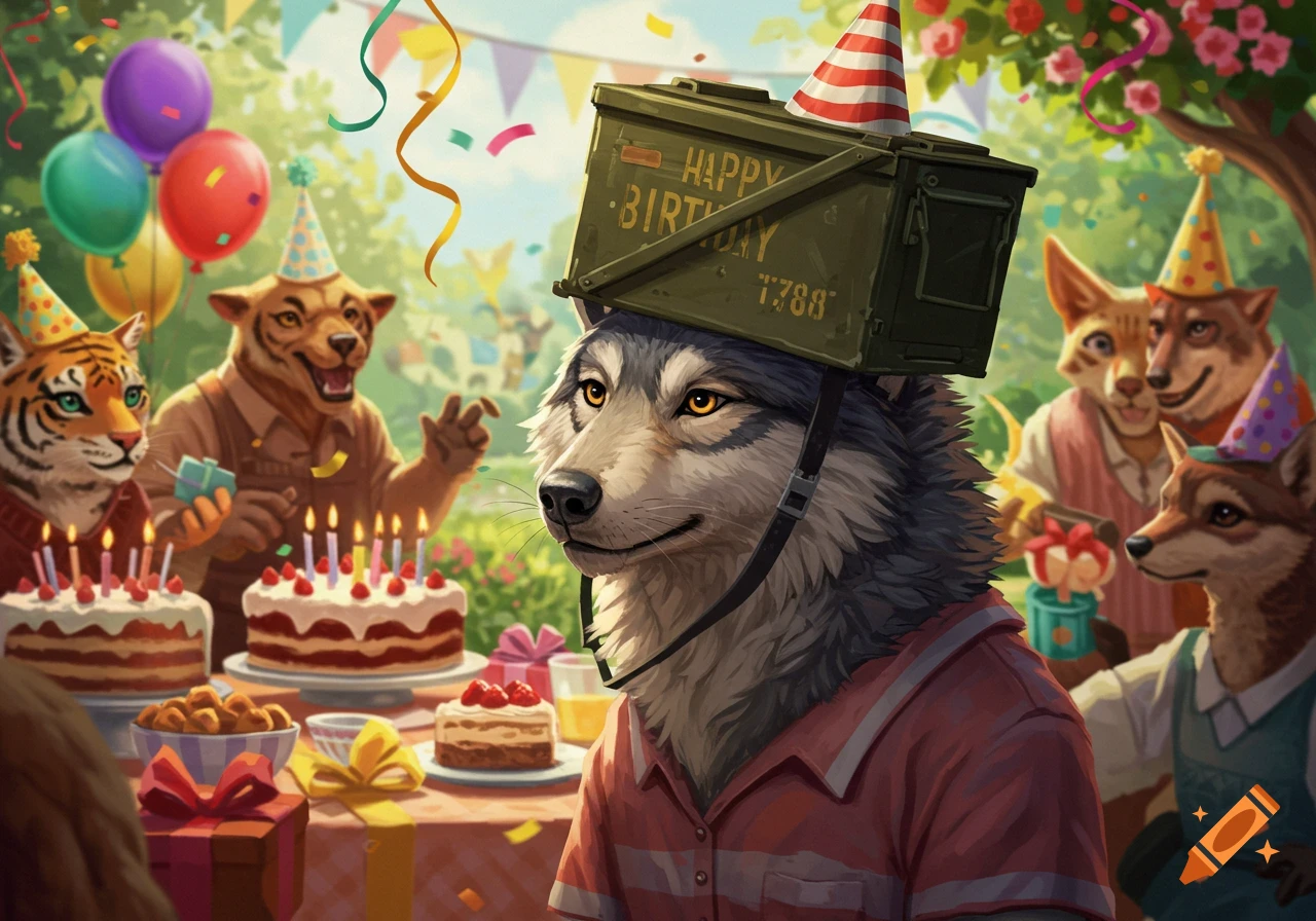 A wolf wearing an ammo box hat celebrates his birthday with other anthropomorphic animals at a colorful outdoor party.