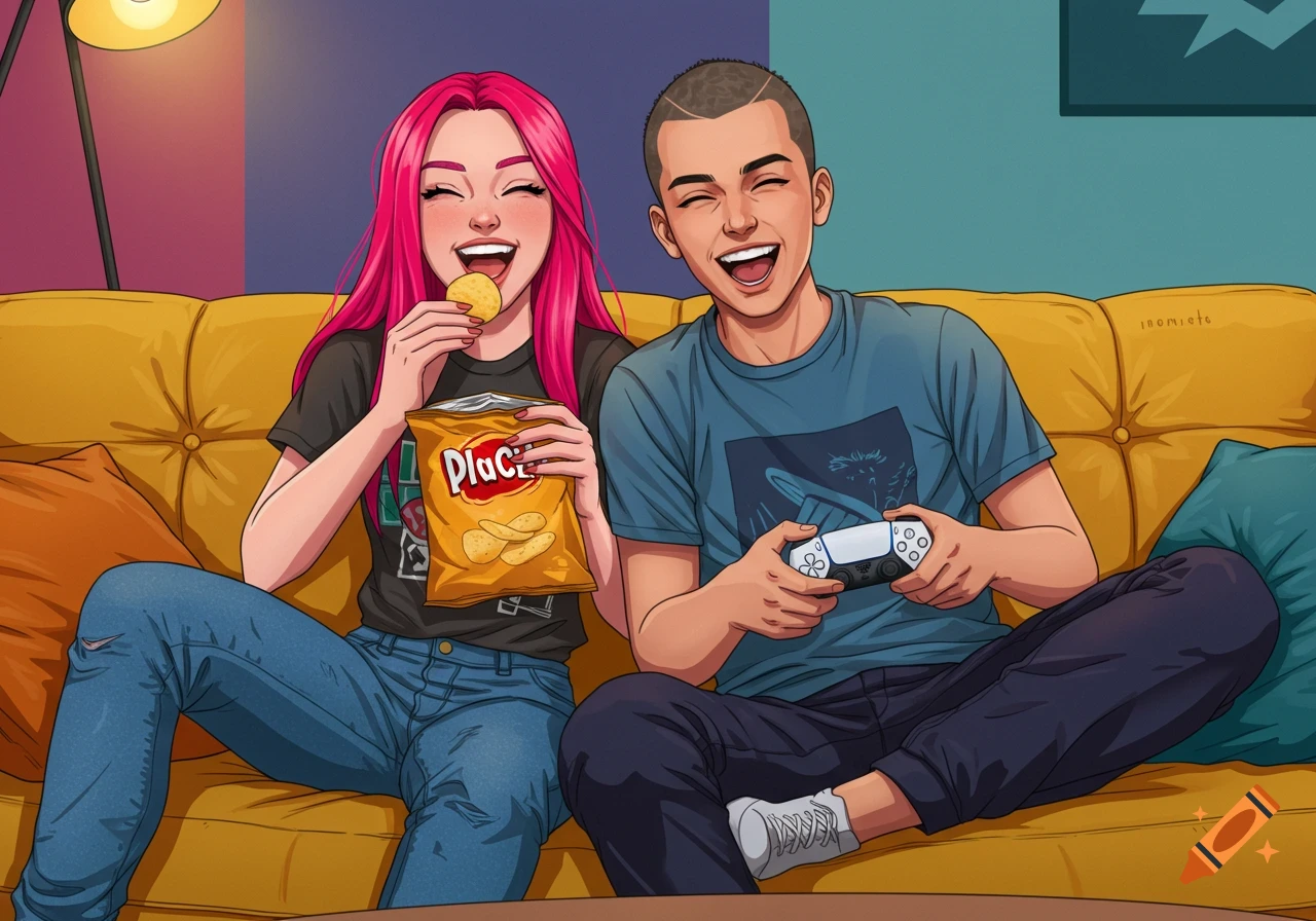 Cartoon illustration of a smiling couple on a yellow couch, a girl eating chips and a boy playing video games with a controller.