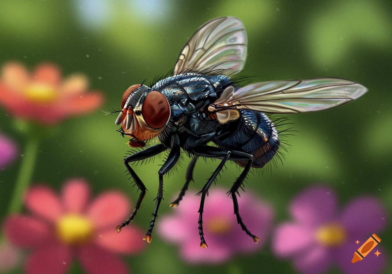 Close-up of a housefly with large red eyes and hairy body, flying against a blurred background of colorful flowers.