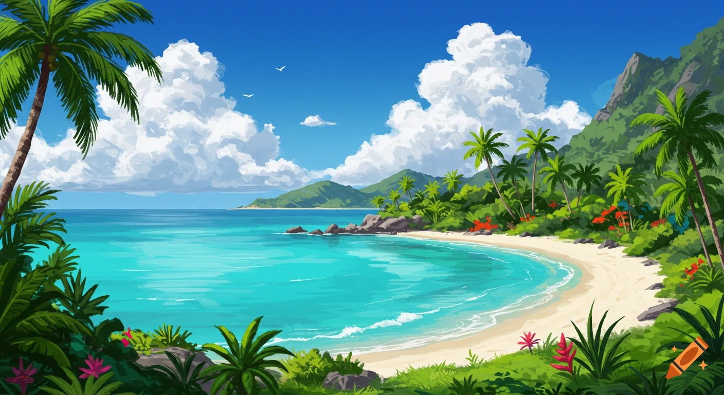 Vibrant illustration of a tropical beach with clear blue water, white sand, lush palm trees, and distant green mountains under a bright sky.