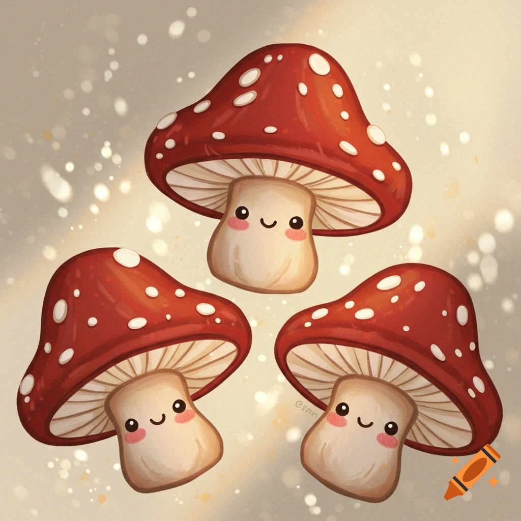 Three cute cartoon mushrooms with red caps and white spots, smiling on a light background with bokeh effects.