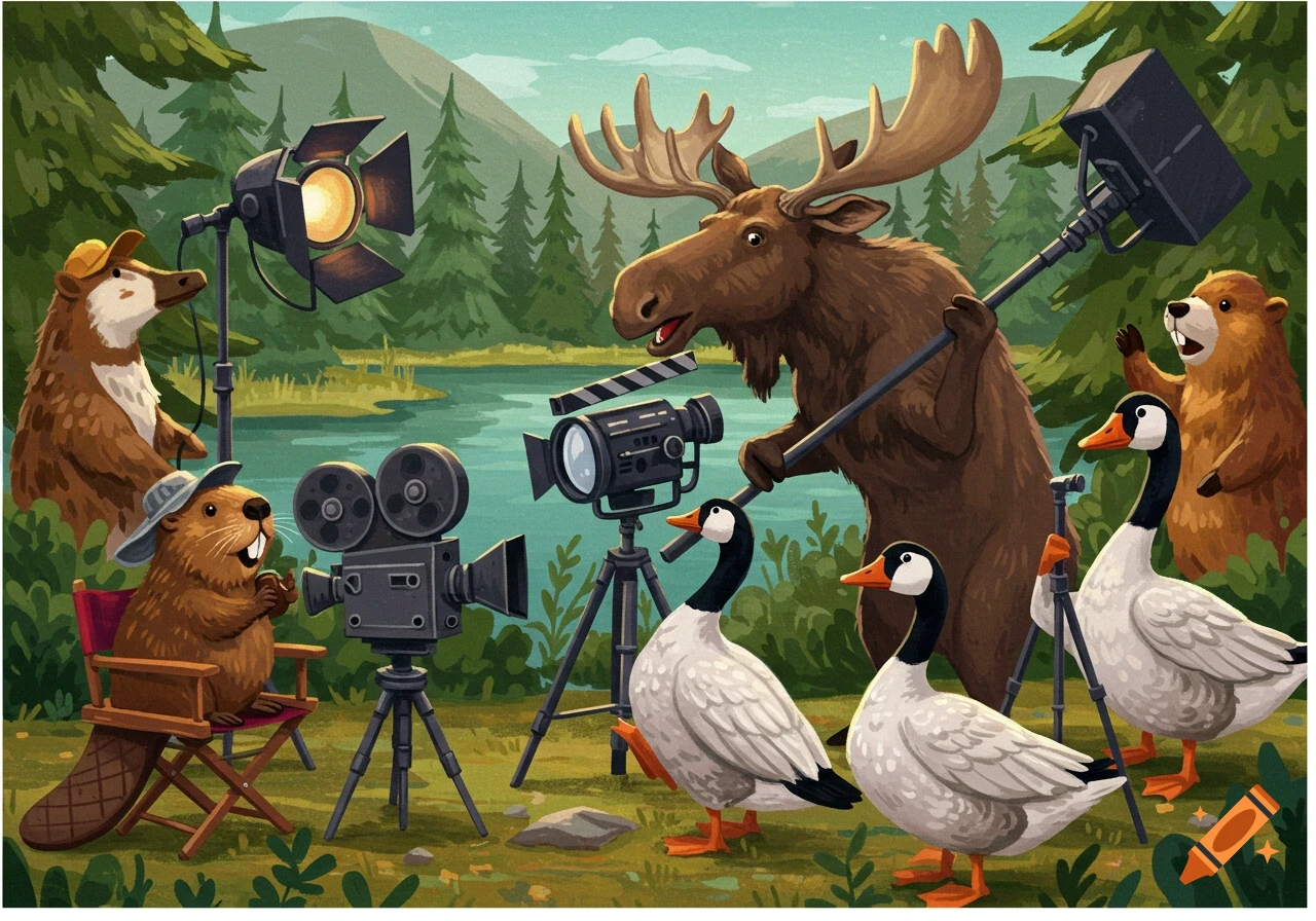 Whimsical cartoon of Canadian animals on a film set in a forest by a lake, with a beaver in a director's chair and a moose holding a boom mic.