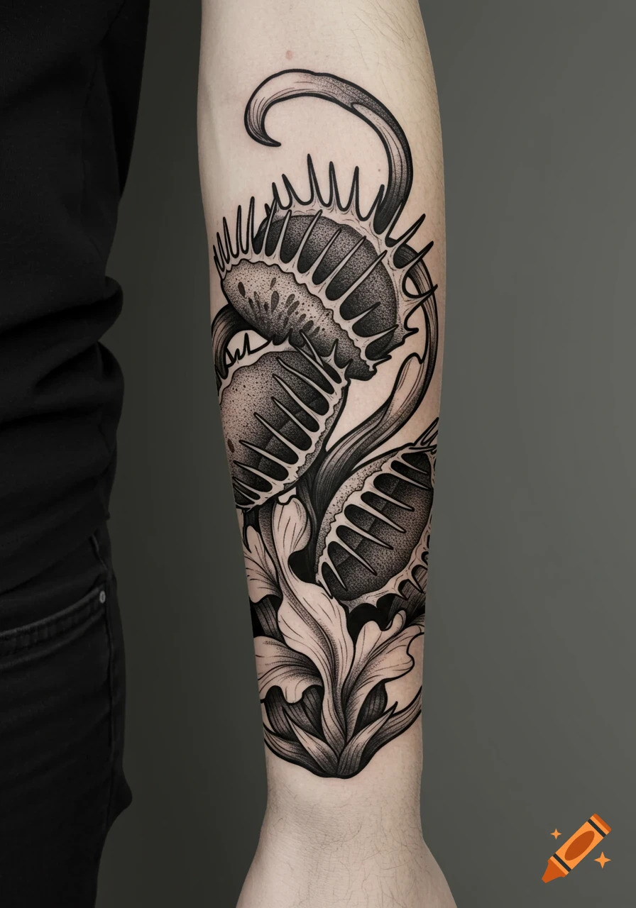 Black and white woodcut-style tattoo of multiple Venus flytrap plants on a forearm.