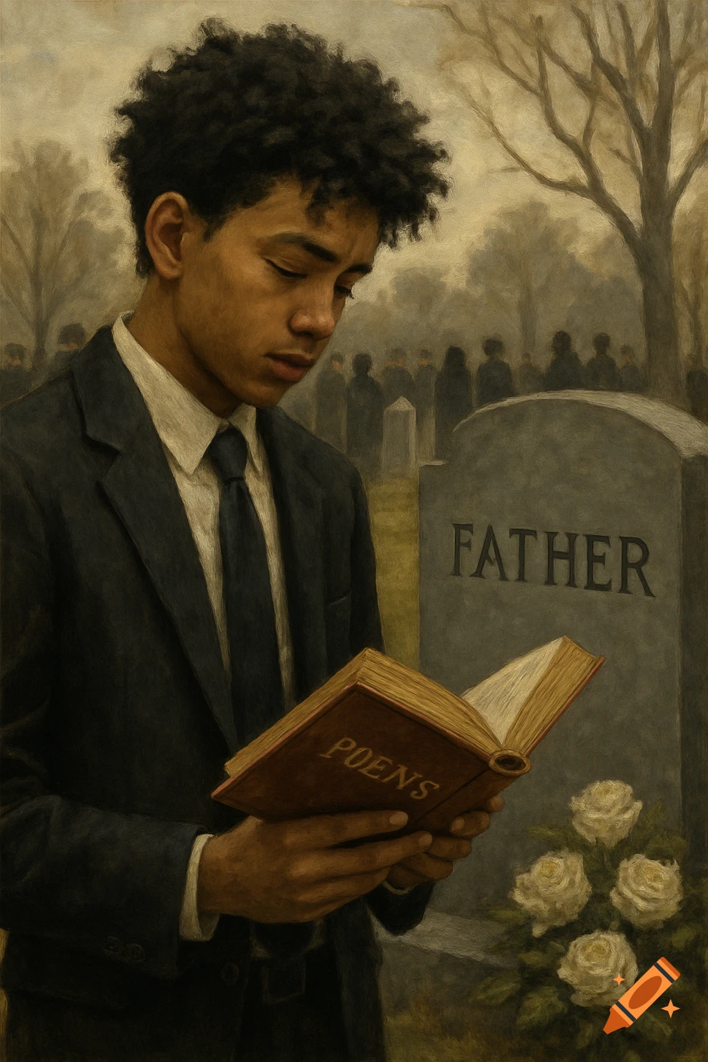 A young man in a suit reads a book at a graveside funeral, with a headstone marked "FATHER" and white roses. Painterly style.