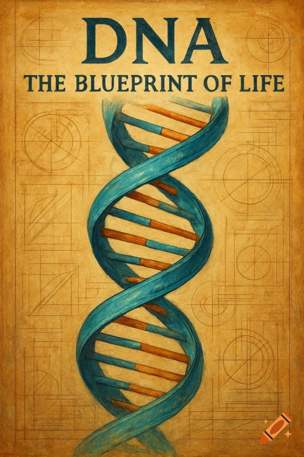 A vintage-style illustration of a DNA double helix on a blueprint background with the text 'DNA THE BLUEPRINT OF LIFE'.