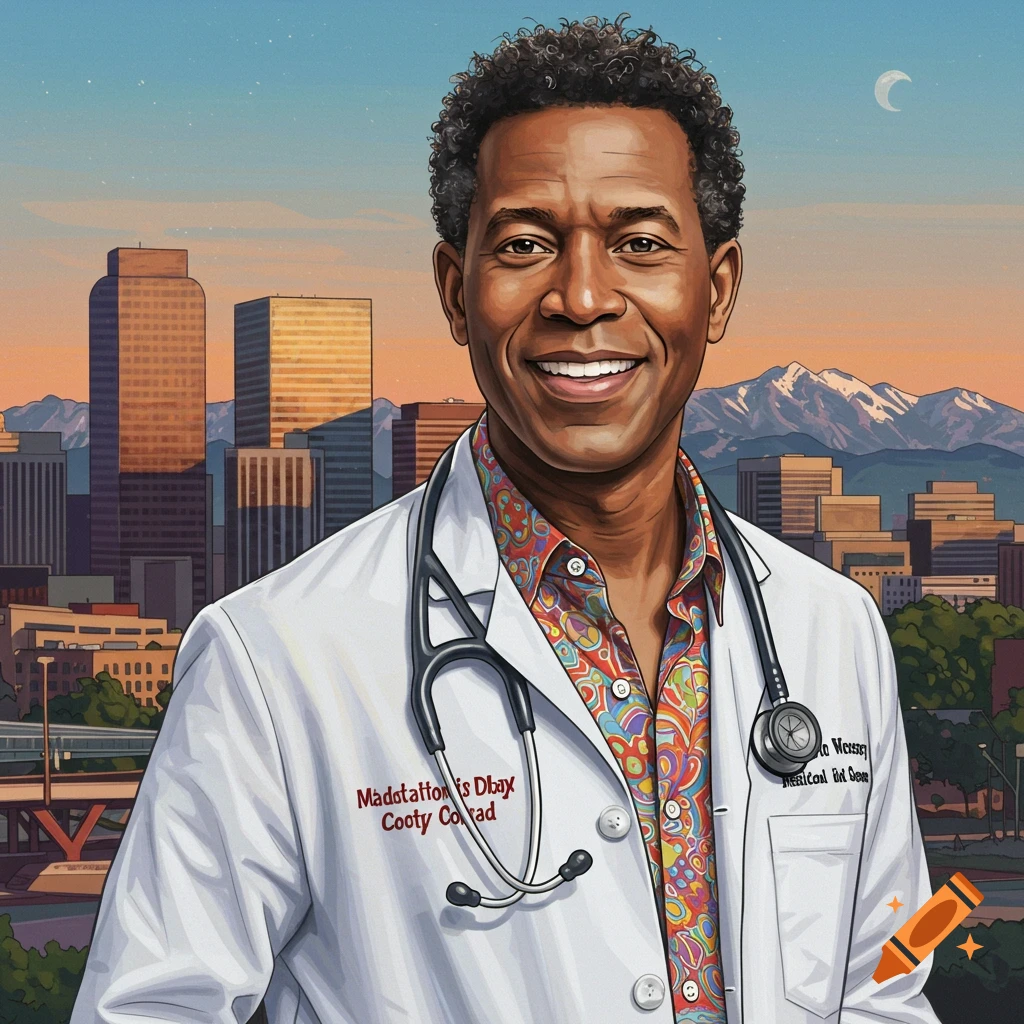 A smiling Black doctor with a stethoscope and a colorful shirt, standing in front of a city skyline with mountains in the background.