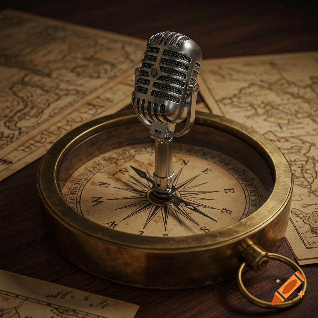 A vintage microphone stands upright on an antique brass compass, surrounded by old, crumpled maps on a wooden surface.