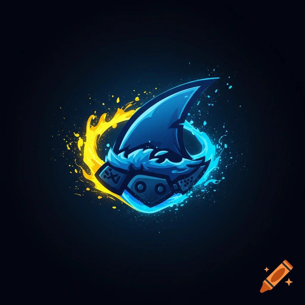 Stylized blue shark head esport logo with yellow and blue energy splashes on a dark background.