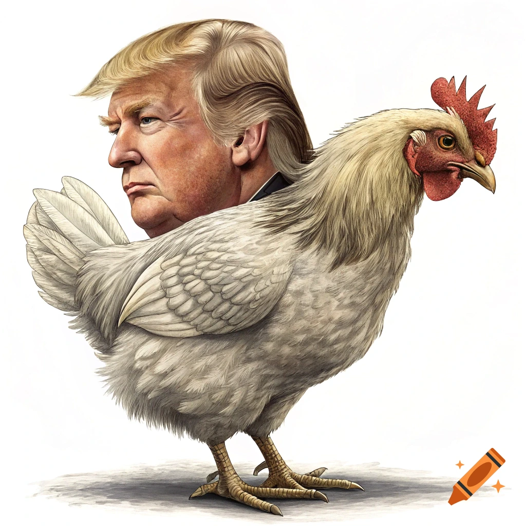 Caricature of Donald Trump's head on a white chicken's body, looking left, on a white background, illustrated style.