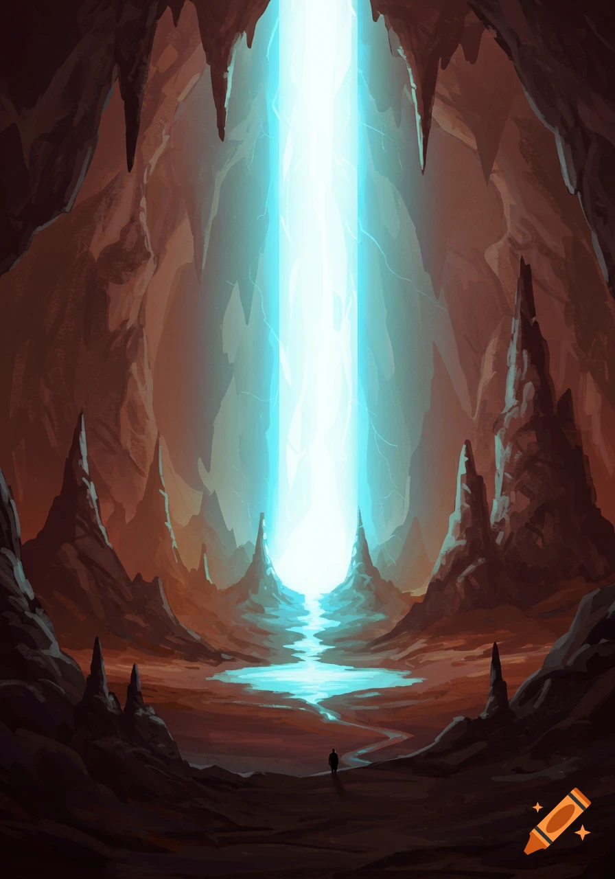 A lone figure stands in a vast, dark cavern, facing a tall, glowing blue light beam illuminating a pool of water.