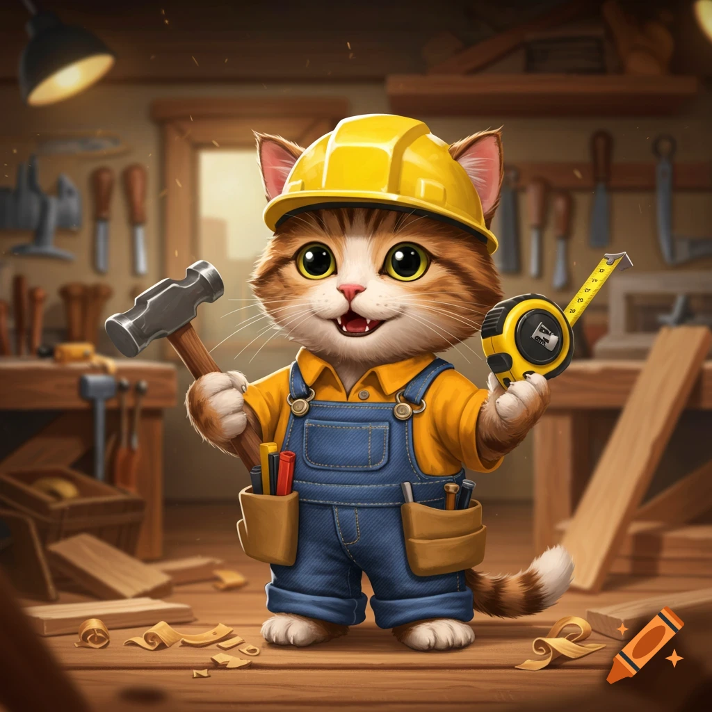 A cute, fluffy cartoon cat wearing a yellow hard hat and blue overalls, holding a hammer and a tape measure in a wooden workshop.