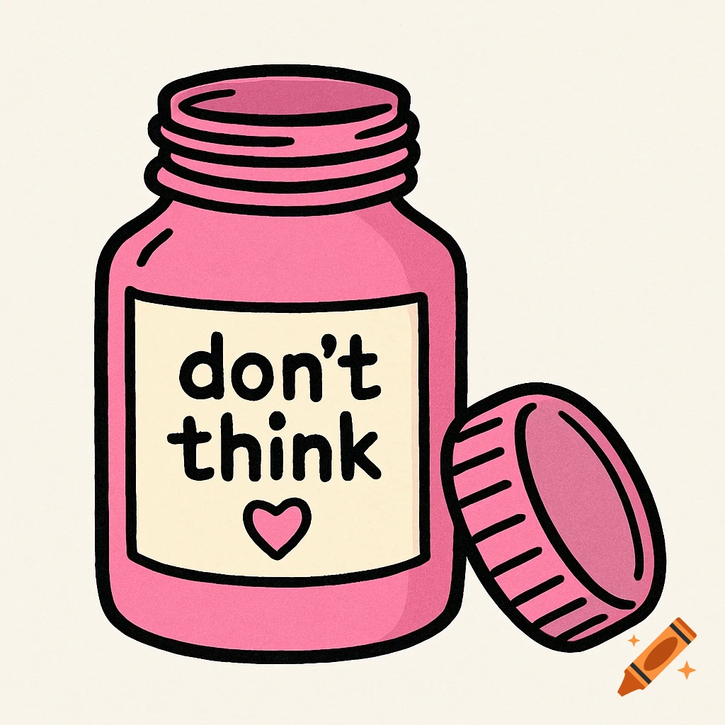 A pink cartoon medicine bottle with an open cap. The label says "don't think" with a heart symbol below it.