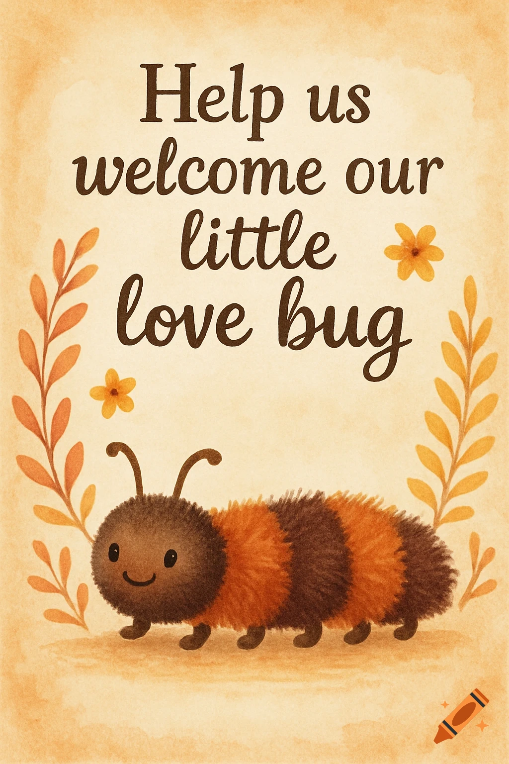 Watercolor baby shower invitation featuring a cute fuzzy brown and orange caterpillar with leaves and flowers, text reads 'Help us welcome our little love bug'.