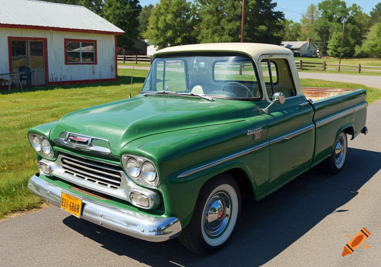 A classic hunter green and cream white 1959 Chevrolet Apache truck parked on an asphalt road in front of a small white building with red trim, surrounded by green grass and trees.