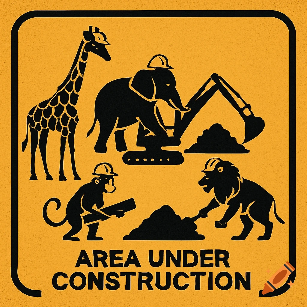 A yellow construction sign with black silhouettes of a giraffe, elephant, monkey, and lion wearing hard hats, with text 'AREA UNDER CONSTRUCTION'.