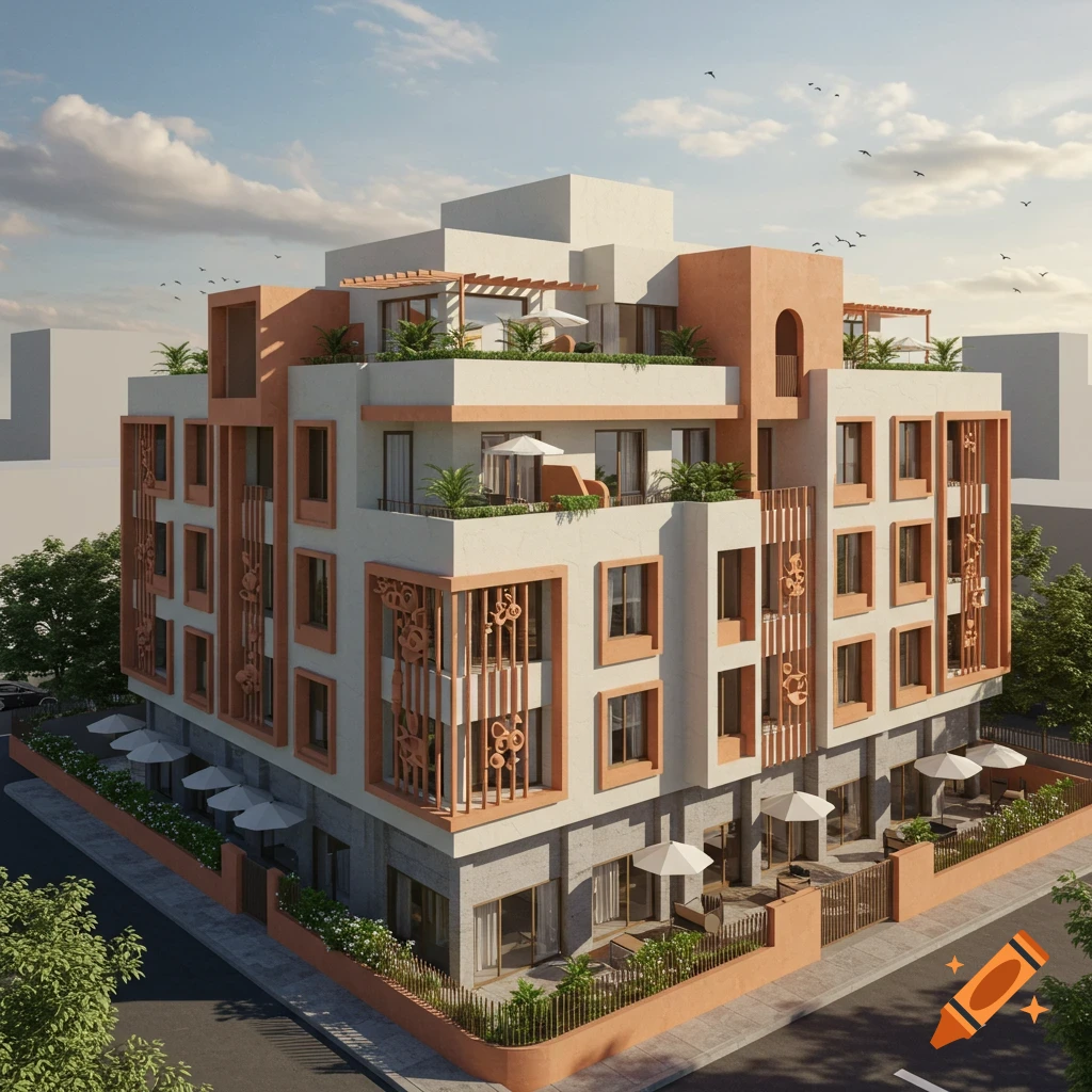 A modern building with light colored walls and terracotta accents, featuring balconies and ground-level outdoor seating under umbrellas.