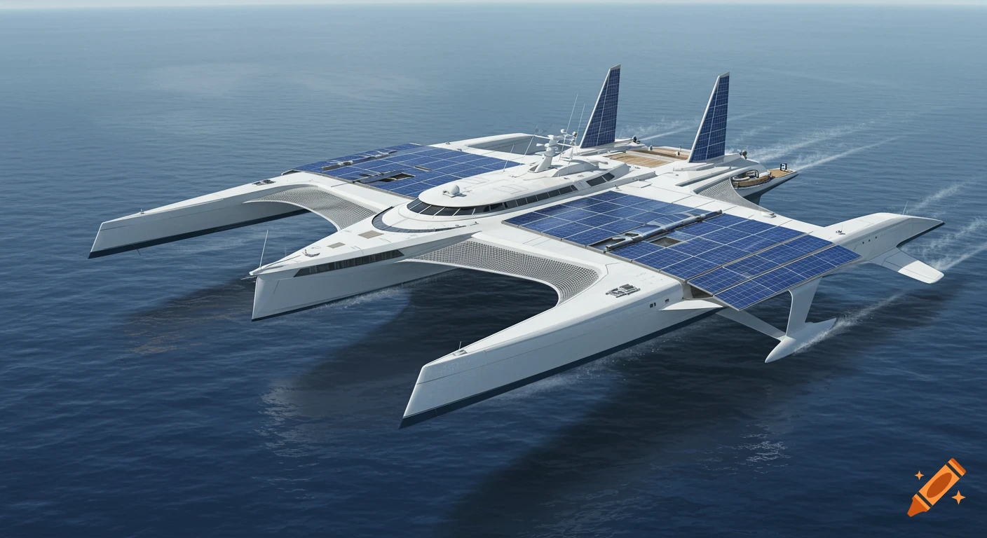 A sleek, white futuristic trimaran vessel with large blue solar panels cruises on the open ocean, leaving a wake.