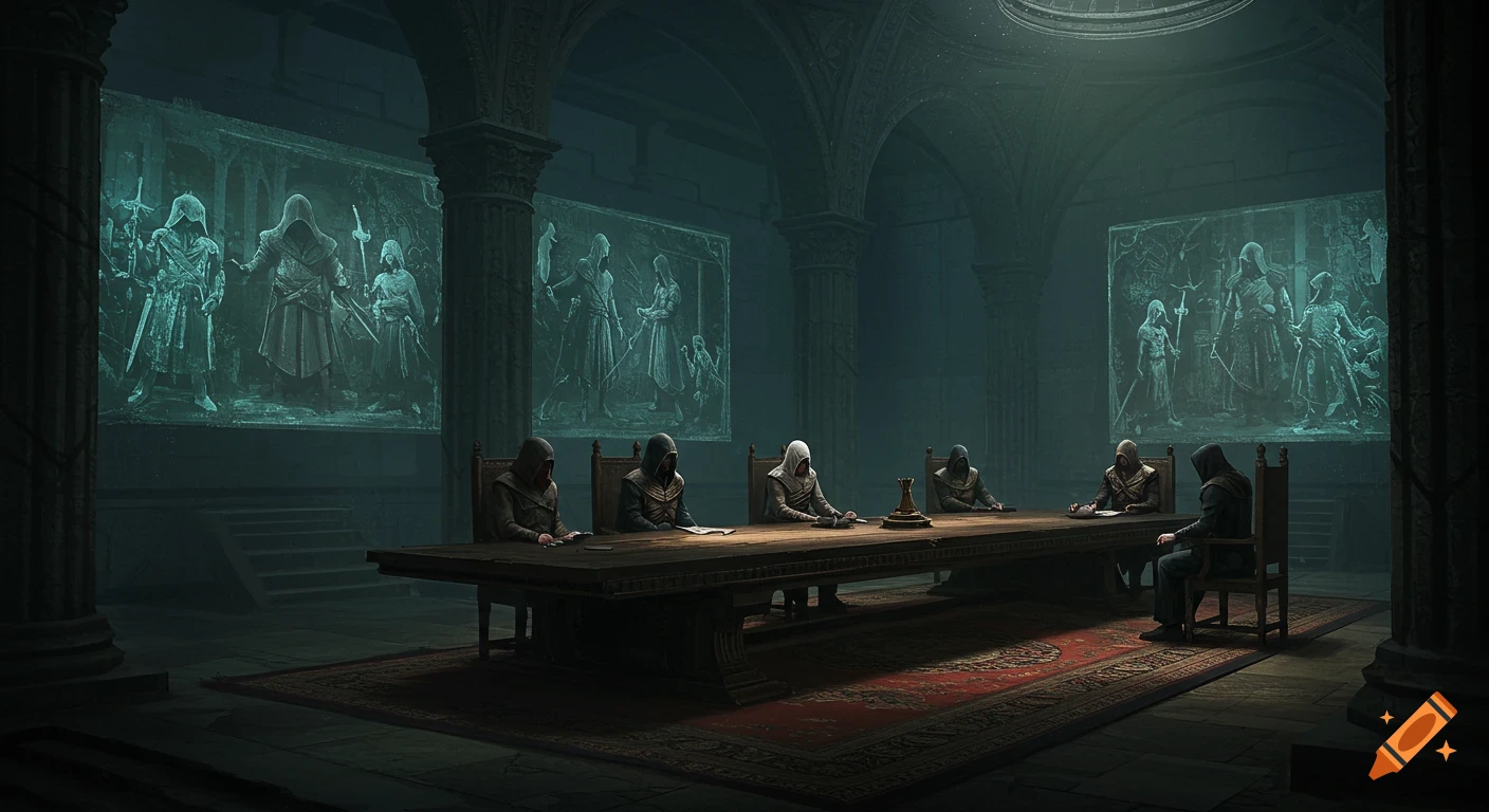 Hooded figures sit at a long wooden table in a dimly lit, vaulted stone chamber with large illuminated murals on the walls.
