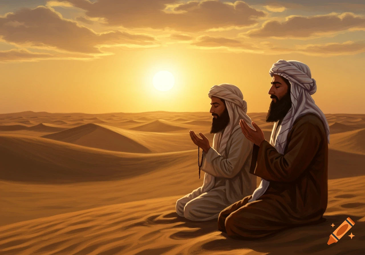 Two men in traditional attire kneeling in prayer in a vast desert at sunset, with a setting sun in the background.