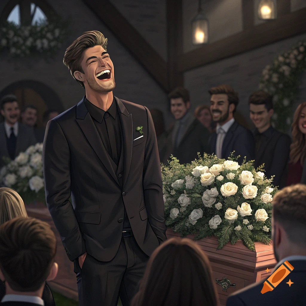 Illustrated image of a man in a black suit laughing at a funeral with a coffin adorned with white flowers.
