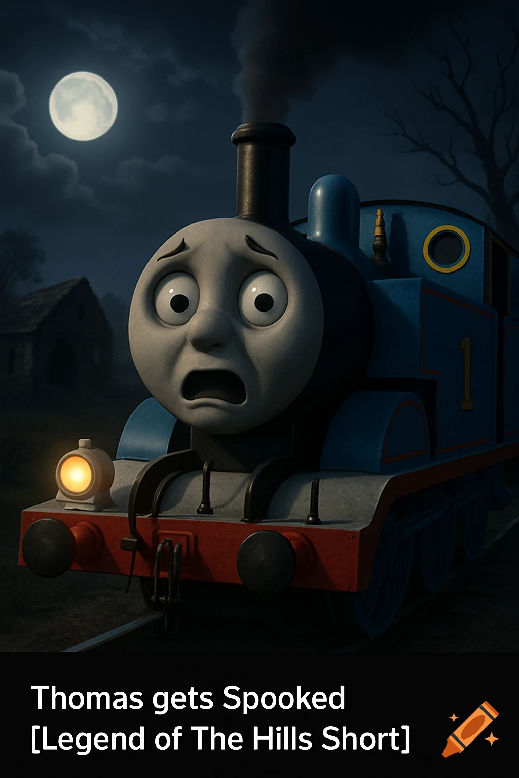 Thomas the Tank Engine with a scared expression, under a full moon in a spooky, dark landscape.