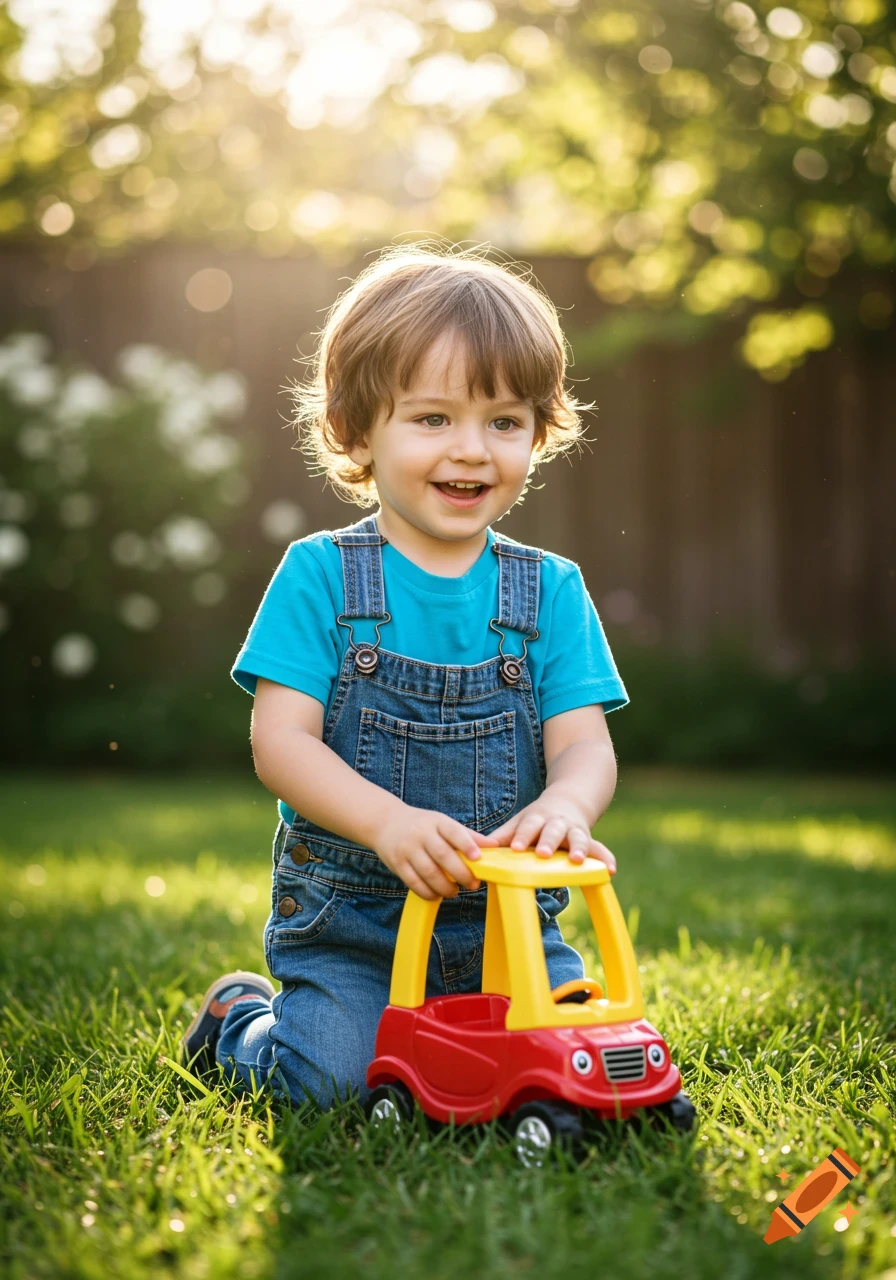 A smiling young boy in overalls kneels on green grass, playing with a red and yellow toy car in a sunlit garden.