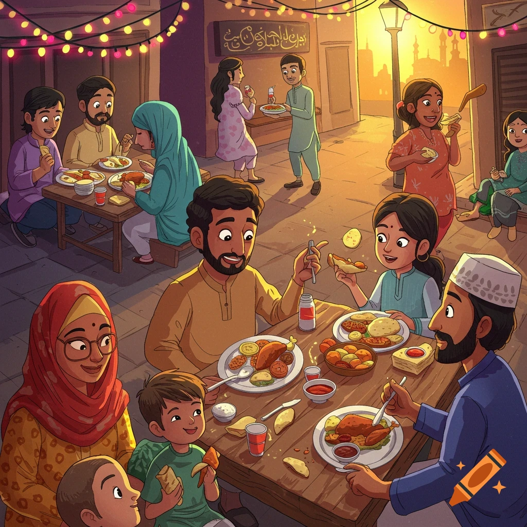 An illustration of a large family gathering for a meal outdoors at night, with festive lights strung above.