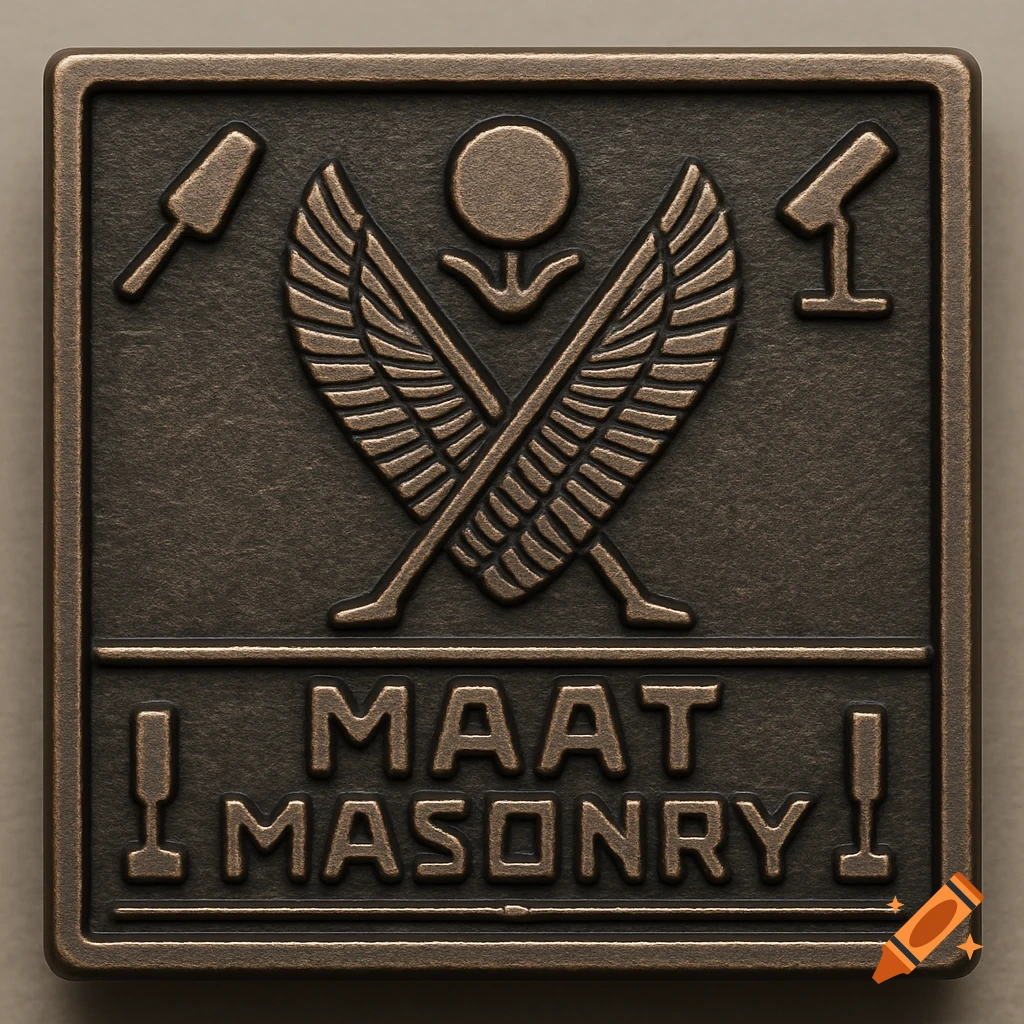 A bronze-colored metal stamp with an Egyptian Ma'at theme, featuring crossed wings, a sun disk, masonry tools in the corners, and the words "MAAT MASONRY" below.