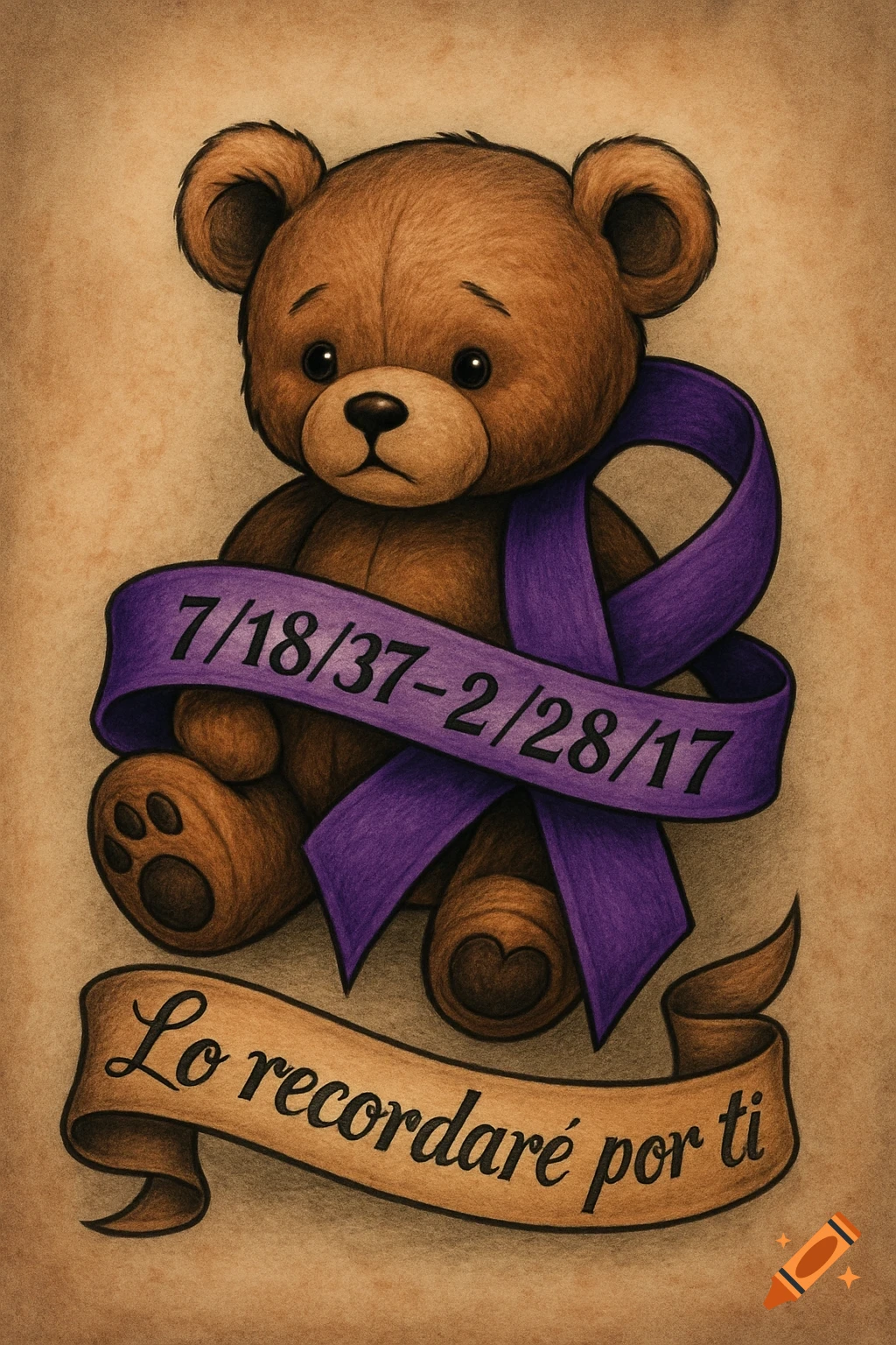Brown teddy bear illustration with a purple ribbon displaying dates and a banner reading 'Lo recordaré por ti'.